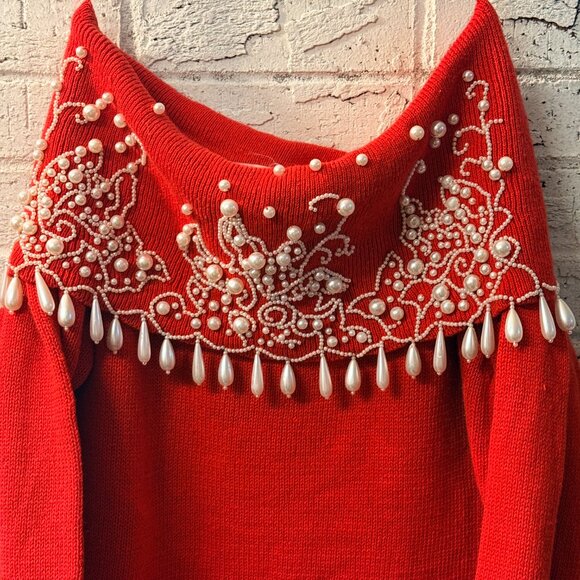 Studio C Red Beaded Pearl Embellished Sweater – Size 2X – Glam Off-Shoulder - Picture 2 of 10